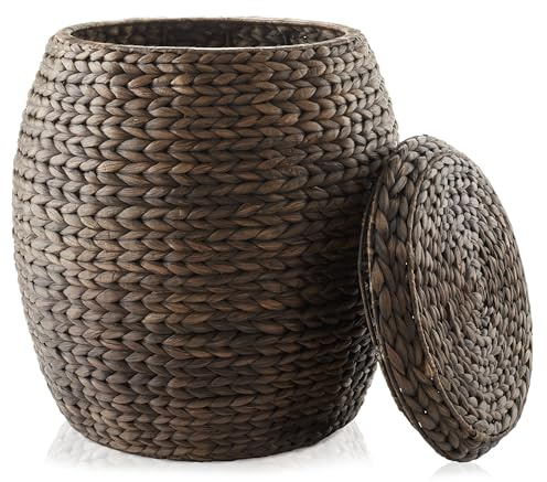 Casafield Round Storage Basket with Lid - Espresso, Handwoven Water Hyacinth Organizer for Laundry, Blankets, Plants, Bedroom, Living Room, Home Office