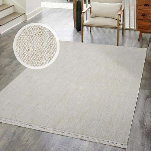 carpet city Kurzflor Teppich Flur Creme - 80x150 cm Läufer - Einfarbig, Meliert - Fransen-Teppiche Modern, Boho für Schlafzimmer, Wohnzimmer