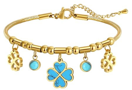 Joo&Rind Kleeblatt Armband Damen Charm Armband Gold, 18k Vergoldet Edelstahl Armband Damen Gold mit Edelstein Tennisarmband, Kleines Geschenke für Frauen (Turquoise Clover)