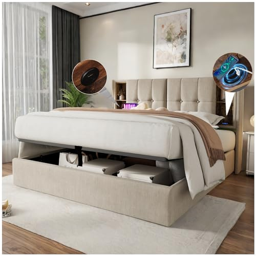 Sapgaks lit Coffre 180x200cm avec Chargement sans Fil、USB et Type-C,lit 180x 200 avec sommier en Bois-Lin Naturel,Naturel