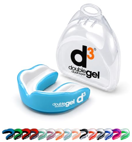 d3 Double Gel Mouthguard wth Case (Sky Blue/White, Youth (Under 12)) Gum Shield for Boxing, MMA, Contact Sports, Rugby, Martial Arts, Judo, Karate, Hockey
