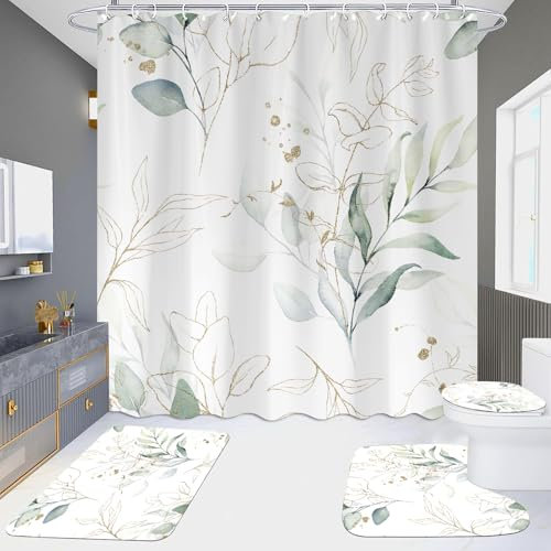 Duschvorhang Weißgold Grün Badezimmermatte Verdickung Bad Teppiche Set, Duschvorhang Stoff+Bath Mat rutschfeste(50x80cm)+U-Typ Fußmatte Wasseraufnahme+Toilette Badmatte
