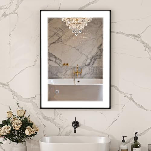 HOMCOM Espejo de Baño con Luz LED 70x50 cm Espejo de Pared con 3 Colores de Luz Función Antivaho Función de Memoria Interruptor Táctil Horizontal/Vertical IP44