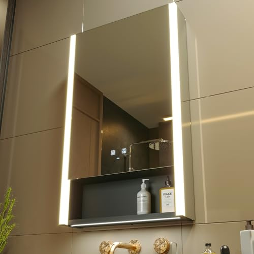 KWW LED-upplyst badrum medicin skåp med spegel, färgtemperatur justerbar, anti-dimma dimbara lampor, uttag för USB (vänster gångjärn-55 × 85)