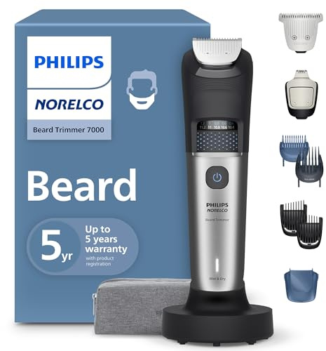 Norelco Philips Beard Trimmer 7000 Series, 100% Waterproof Trimmer for Men, 40 Lock-in Hair Length Settings, BeardSense Power Adaptability, Detail & T-Blade Trimmer Heads, Charging Stand, BT7670/40