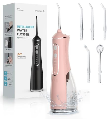 OasiSmile Munddusche Kabellos Elektrisch, Munddusche Testsieger 2025, 4 Modi und 5 360° Jet-Tipps, 300ML Oral Irrigator zur Täglichen Tiefenreinigung, IPX7 Wasserdicht für Reise & Zuhause, Roségold