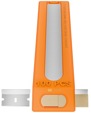 100-Pack Single Edge Razor Blades with Dispenser, Carbon Steel Scraper Blades, each Blades measures 1.5 x 0.75, Fits Standard Scrapers, for Removing Paint, Labels & Stickers, DIY & Professional Use