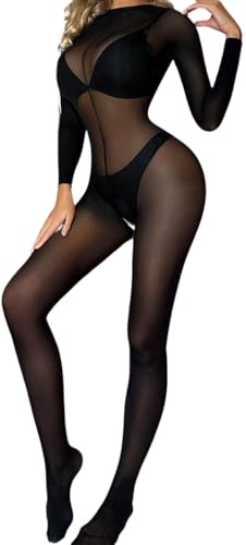 PARUPRUP Donna Bodystocking a Rete Trasparente Body Lingerie Maniche Lunghe Intimo Un Pezzo Tuta Elasticizzato Catsuit Mesh Bodysuit Collant Calze Intera Biancheria Hot (Nero, Taglia Unica)