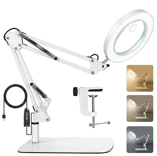 15X 10X Magnifying Glass with Light and Stand, 2 in 1 Magnifying Desk Lamp with Clamp & Base, 3 Color Modes Dimmable with Swing Arm, LED Lighted Magnifier Light for Reading, Repair, Close Work, White