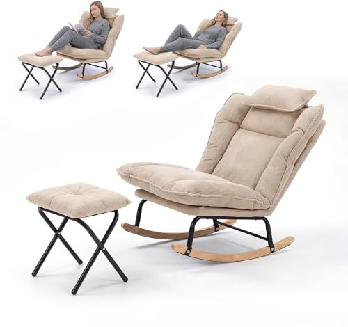 Fabulcozy Fauteuil à Bascule Réglable 3 Positions (90-120°), en Velours Côtelé avec Repose-Pieds Pliable et Coussin, Structure Métal et Pieds Bois d'Hévéa, pour Salon, Chambre,Allaitement,Balcon