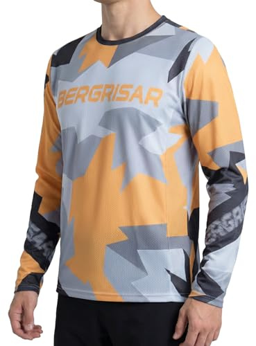 BERGRISAR Maglia da ciclismo da uomo, a maniche lunghe, per mountain bike, con tasca con cerniera, in rete traspirante, per downhill, enduro e motocross, arancione mimetico, L