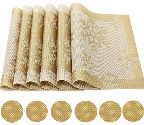 Lot de 6 Sets de Table + 6 Sets sous-Verres Tapis de Table en Vinyle Antidérapants Napperons PVC Lavables Sets de Tables Salle à Manger (PVC-Flocon de Neige Doré)