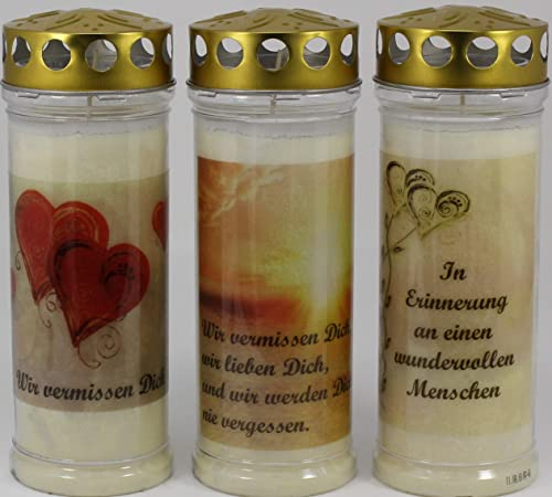 Kerzen Junglas - 3 Grabkerzen mit 7 Tagen Brenndauer, 3863, mit Deckel, Grabschmuck wetterfest, Trauerkerzen, Friedhofskerzen
