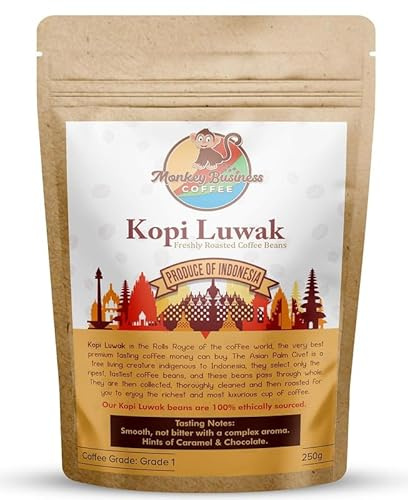 Monkey Business Coffee - Wild Kopi Luwak Coffee Ground Beans - Ethically Sourced - 250 Grams (Other Weights & Bean Types Available) - Produce of Indonesia