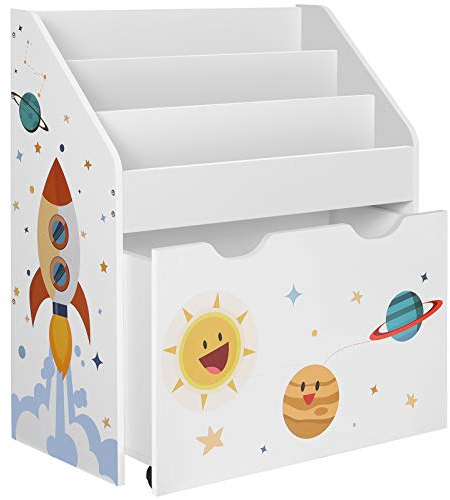 SONGMICS Spielzeugregal, Bücherregal für Kinder, Kinderzimmerregal mit 3 Fächern und herausziehbarer Spielzeugkiste mit Rollen, Spielzeug-Organizer, Kinderzimmer, für Bücher, weiß GKR41WT