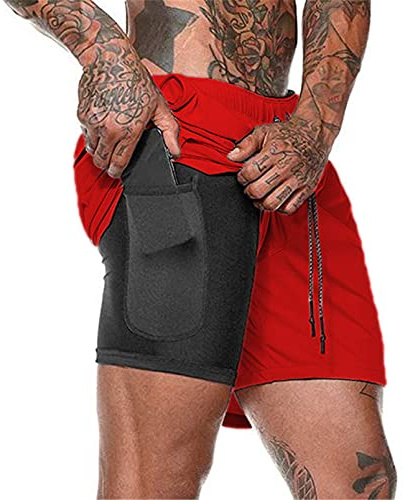Sportshorts för män, 2 i 1 löparshorts, mesh, 4 fickor, snabbtorkande träningsshorts, andas, Färg: röd, XL