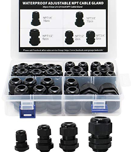 MAKERELE NPT Cable Glands Kit Waterproof Adjustable Nylon 1/4” 3/8” 1/2” 3/4” Plastic Strain Relief Cord Connectors 38pcs Black With Gaskets