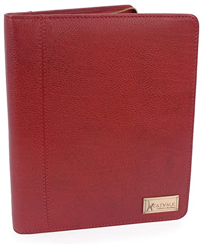 Catwalk Collection Handbags - Damen A5 Leder Notizbuchtasche - Schreibmappe mit Reißverschluss - Passend für Tablet und Notizbuch - ANGELA - Rot
