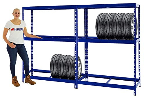 PROREGAL Mega Deal 2X Étagère à pneus Tiger | HxLxP 180x130x50cm | Jusqu'à 24 pneus | avec Tablette | Bleu | Porte-Pneu, Rack à pneus, rayonnage, Stockage, Rangement, Support, Atelier, Garage