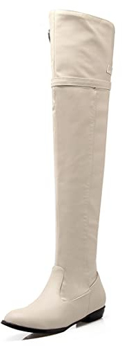 REKALFO Botas de cuero suave para mujer Bota casual de tacón plano con cremallera por encima de la rodilla Beige 41 EU