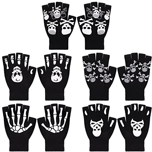 TAGVO 5 Paare Stretch-Fäustlinge Halbfinger-Handschuhe, Halloween Cosplay Skelett Halbfinger Handschuhe, Unisex-Strickhandschuh Teenagerhandschuh Winterhandschuh für Halloween, Täglichen Gebrauch