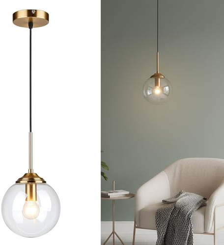 LFsem Lámpara Colgante de Techo con Esfera de Cristal de 15cm, Ajustable en Altura, E27 Luz Colgante de Metal Dorado para Comedor, Dormitorio, Cocina y Café (Transparente, 1 Pieza)