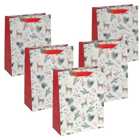 Sigel GT121/5 Large Premium Paper Gift Bags, Set of 5, White/Gold/Red, with Silk Ribbon Handles, 26 x 33 x 12 cm, Christmas Motifs Watercolour, Paper Gift Bags Christmas