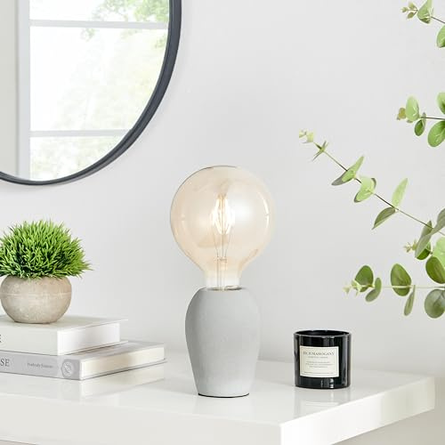 Furniturebox UK Table Lamp - Kayla - Modern Desk Table Light - Industrial Style Exposed Bulb - Grey Concrete Effect Base - Minimalist Industrial Lighting - Living Room Office or Bedside Lighting