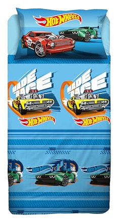 hermet Hotweels, Bettwäsche-Set für Einzelbett, Kinderbett, Bettlaken, Spannbettlaken, Kissenbezug, Hellblau, 100% Baumwolle, offizielles Produkt