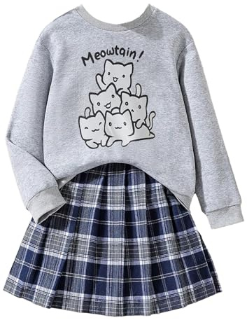 Asbabiy Conjunto de 2 piezas para niñas, sudadera casual y falda a cuadros retro de 7 a 13 años, Gris, 8-9 años