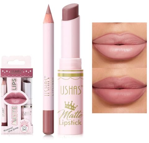 USHAS 2 in 1 Waterproof Lipstick and Lip Liner Combo Set - Long Lasting Matte Lipstick Pen with Lip Liner Set Makeup Kits (S9, Pack of 1)