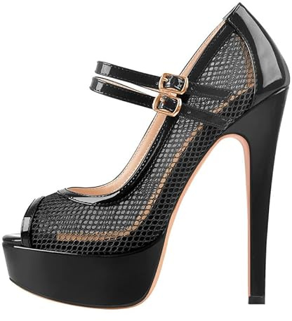 blingqueen Women's Platform Peep Toe Pumps Mesh Hollow Out Heeled Sandals Round Toe Stiletto Heel Black Pumps Xmas Halloween Dress Up Shoes Size 12