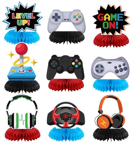 Yoomod Videospel festdekorationer vaxkaka bordsuppsatser, dekor med spel på och nivå upp för gamer, födelsedagsfest, tillbehör