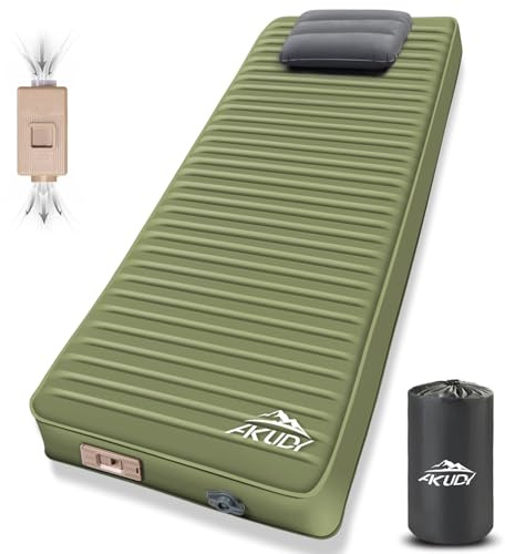 AKUDY Self Inflating Sleeping Pad with Electric Pump, 4 Ultra-Thick Memory Foam Camping Pad with Pillow, 9.5 R-Value Insulated Camping Mattress, Army Yellow