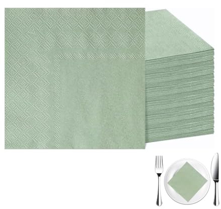 100 Stück Servietten Grün, 25x25cm Servietten Salbeigrün Grün, CocktailServietten für Hochzeit Abendessen Geburtstag Brautjubiläum Party