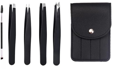 4-teiliges Pinzetten-Set, Augenbrauenzupfer für Frauen und Männer, Gesicht, Braue, Kinn, eingewachsene Haare (mit Mascara-Bürste und Holster)