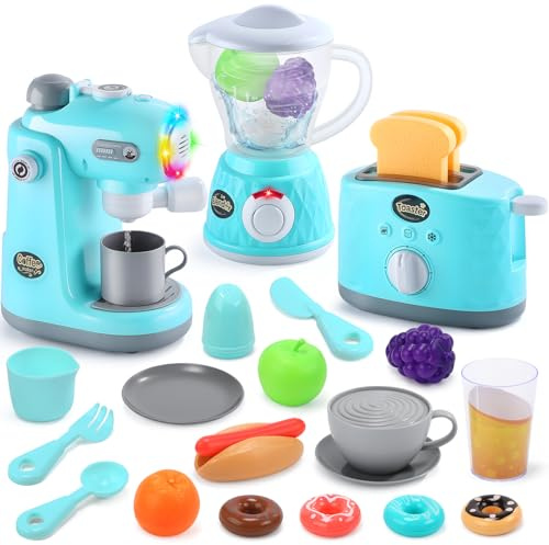 CUTE STONE 3-in-1 Spielküche für Kinder mit Kaffeemaschine, Mixer & Toaster, realistischen Sounds & Licht, inkl. Spielzeug-Essen & Zubehör für Jungen & Mädchen.
