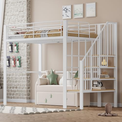 NovaFurnish Letto a castello a struttura stabile in metallo con ampio spazio di archiviazione sotto il letto e scala. Ideale per bambini e adulti. Letto con spazio di archiviazione per la massima