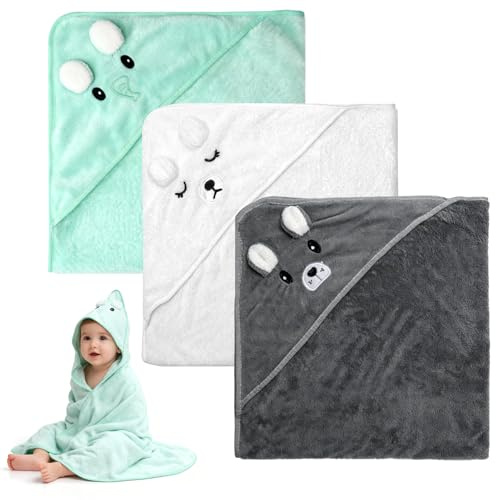 VOSSOT 3 Piezas Toallas de Baño con Capucha, 80 x 80 cm Toalla de Baño con Capucha para Bebé, Toalla Bebe Regalo Recien Nacido Niño Toallas Bebe con Capucha de Animales 0-3 Años Capa de Baño Bebé