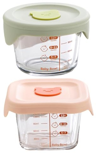 SMELEYOU Baby Food Storage Airtight Glass Baby Food Jars 2Pcs Microwave Safe Snack Containers for Milk, Fruit, 180ml + 140ml