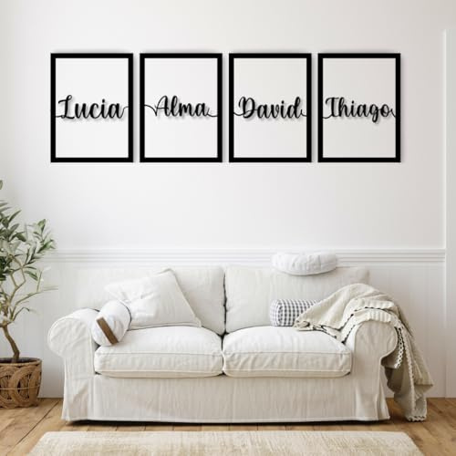 Cuadros Decorativos Personalizados con Nombres | 4 Paneles de Madera 40x30 cm | Decoración para Pared de Dormitorio, Salón o Habitación | Regalo de Pareja para Bodas y Aniversarios (4 o más Nombres)