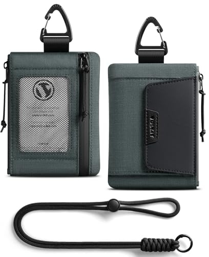 VULKIT RFID Blocking Lanyard Wallet for Men and Women, Nylon Neck Wallet with ID Window, Zipper Pouch and Keychain, Magnetic Pocket for Hiking, Fishing and Outdoor Activities, Slate Green, 4.92 x 3.54