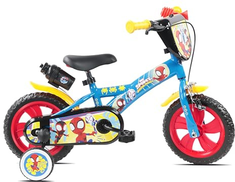 Vélo 12 Spidey et Ses Amis - Cadre & Fourche Rigide Acier - 1 Frein - Pneus Increvables EVA - Roues Bâtons - 2 Stabilisateurs - Garde Boue - Carter de Protection - Bidon arrière