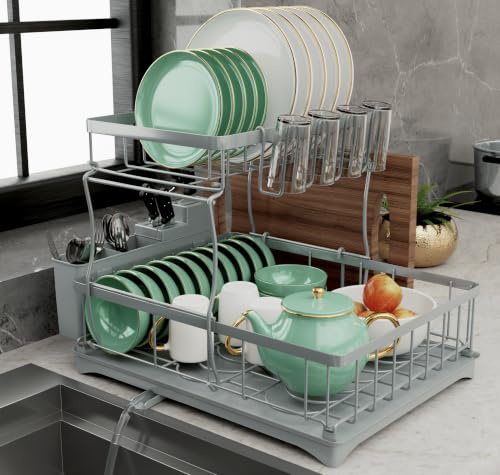 PRIME FEEL 2 Tier Dish Drainer Rack, Rustproof Dish Drying Rack for Kitchen Countertop, Draining Board Rack with Drip Tray, Cutlery Drainer, Glass Holder & Chopping Board Rack, (Grey)