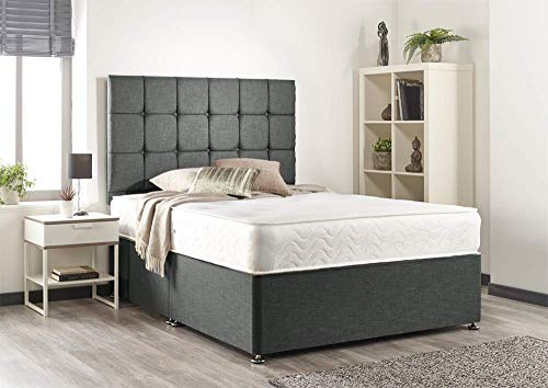 Bed Centre Grey Linen Memory Foam Divan Bed Set – Double (135×190 cm) with Mattress & Headboard | No Drawers | Modern Design | Easy Assemble | UK Made