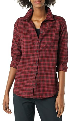 Amazon Essentials Women's Regular-Fit Long-Sleeve Lightweight Plaid Flannel Shirt, Black Red Preppy Check, M