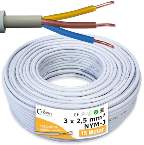 NYM-J 3x2,5mm² Kabel 15m | Feuchtraumkabel für 300V/500V | Elektrokabel 3-Adrig mit PVC Mantel | Ø2,5mm² Stromkabel für Elektroinstallation in Weiß/Grau | Kabellänge am Stück