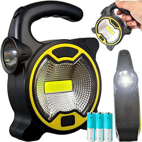 Retoo Projecteur LED, Lampe Chantier, Alimentation 3 Piles AA, 2 Modes D'éclairage, Diodes COB, 10 x 3,5 x 13,3 cm, Pour Camping, Garage, Randonnée, Réparations Automobiles, Voyages, Noir Et Jaune