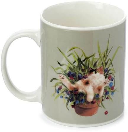 Kim Haskins porslinsmugg - katt i grön växtkruka