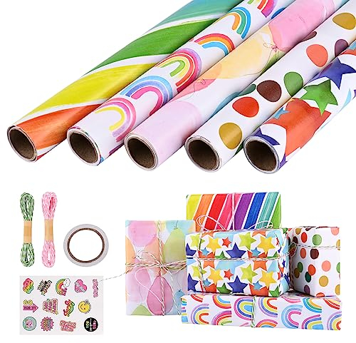 GuKKK Geschenkpapier Set 5 Rollen, 3m x 43 cm Geschenkpapier Geburtstag und 2 Rolle Band, 1 Aufkleber, Geschenkpapier Kinder, Geschenkverpackung Papier für Weihnachten, Valentinstag, Muttertag